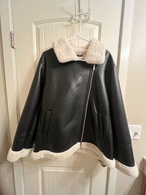 Women’s Black Faux Leather Shearling Jacket with Cream Trim